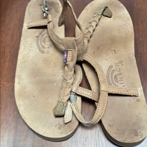 Rainbow Tan Braided Leather T-Strap Sandals with Subtle Metallic Accents